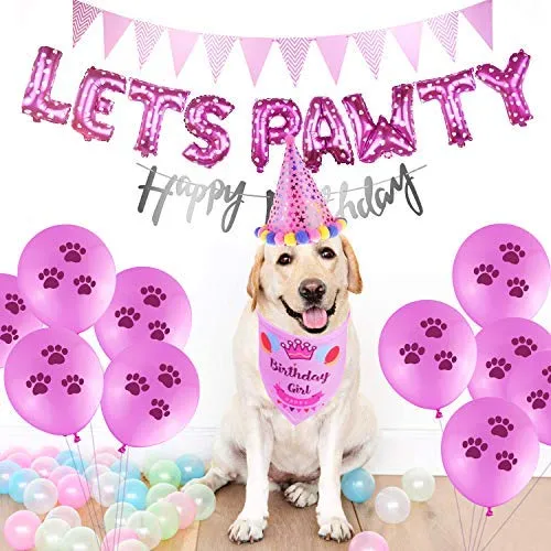 D-buy - Juego de 13 pañuelos para fiesta de cumpleaños de perro, bandana, gorro de fiesta de cumpleaños, 10 globos de huellas y un rollo de cinta de plata de 400 pulgadas, suministros para fiestas de cumpleaños para perros, mascotas