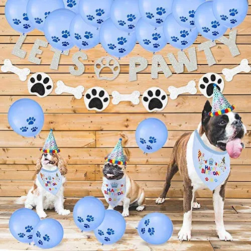 D-buy - Juego de 13 pañuelos para fiesta de cumpleaños de perro, bandana, gorro de fiesta de cumpleaños, 10 globos de huellas y un rollo de cinta de plata de 400 pulgadas, suministros para fiestas de cumpleaños para perros, mascotas