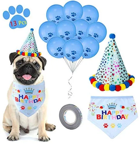 D-buy - Juego de 13 pañuelos para fiesta de cumpleaños de perro, bandana, gorro de fiesta de cumpleaños, 10 globos de huellas y un rollo de cinta de plata de 400 pulgadas, suministros para fiestas de cumpleaños para perros, mascotas