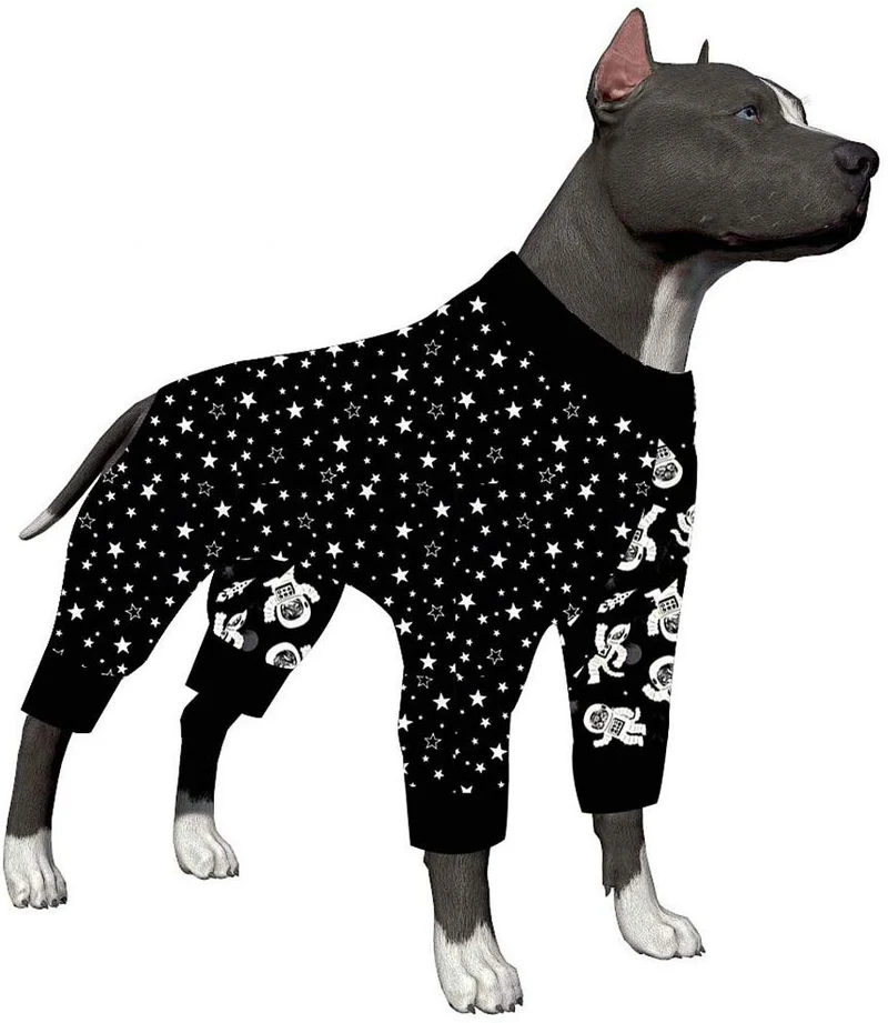 LovinPet Ropa para perro para Pitbull – Camisa de pijamas, perros grandes, ajuste delgado, ligero suéter de pijamas para perro, cobertura completa de pijamas para perro, espacio exterior con impresión de astronauta