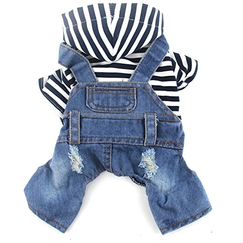 DoggyZSTYLE Ropa de perro gato azul rayado pantalones vaqueros de una sola pieza chaqueta trajes ropa con capucha Abrigos con capucha para cachorros pequeños y medianos