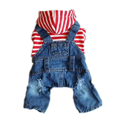DoggyZSTYLE Ropa de perro gato azul rayado pantalones vaqueros de una sola pieza chaqueta trajes ropa con capucha Abrigos con capucha para cachorros pequeños y medianos