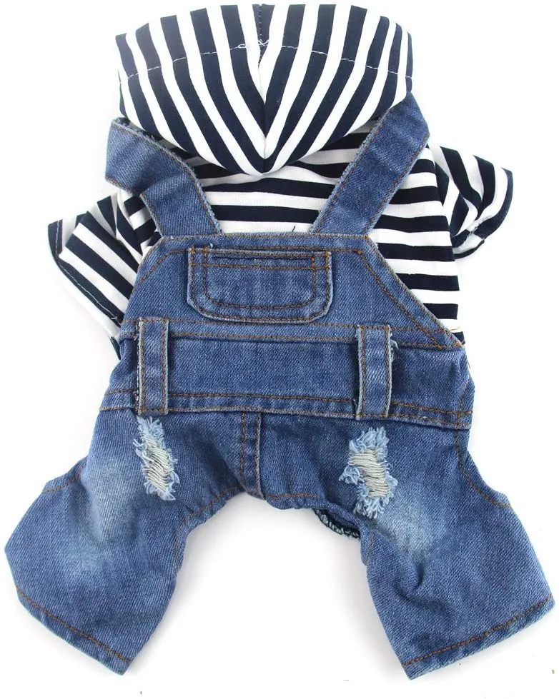 DoggyZSTYLE Ropa de perro gato azul rayado pantalones vaqueros de una sola pieza chaqueta trajes ropa con capucha Abrigos con capucha para cachorros pequeños y medianos