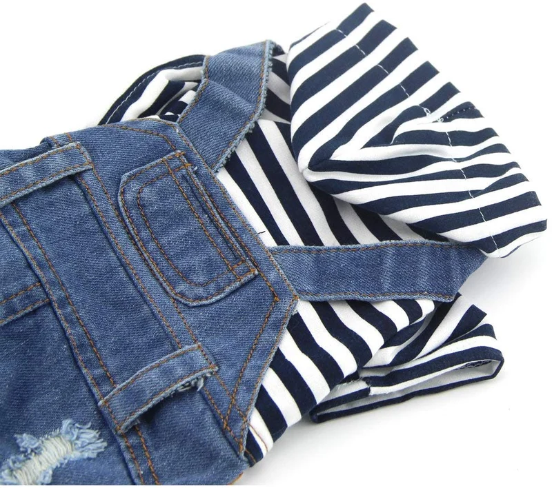 DoggyZSTYLE Ropa de perro gato azul rayado pantalones vaqueros de una sola pieza chaqueta trajes ropa con capucha Abrigos con capucha para cachorros pequeños y medianos