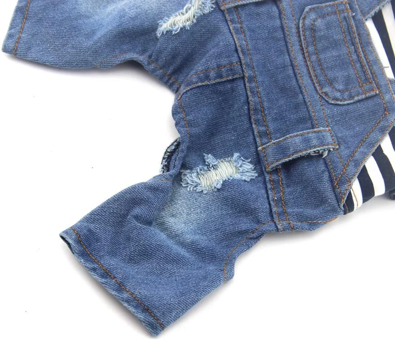 DoggyZSTYLE Ropa de perro gato azul rayado pantalones vaqueros de una sola pieza chaqueta trajes ropa con capucha Abrigos con capucha para cachorros pequeños y medianos