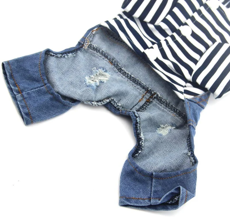 DoggyZSTYLE Ropa de perro gato azul rayado pantalones vaqueros de una sola pieza chaqueta trajes ropa con capucha Abrigos con capucha para cachorros pequeños y medianos