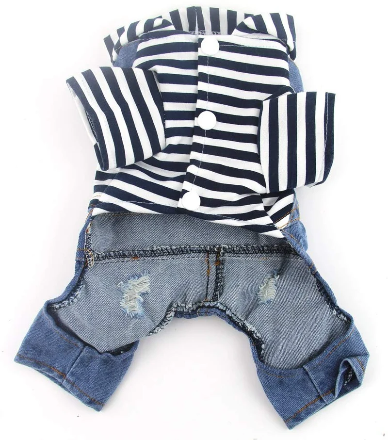 DoggyZSTYLE Ropa de perro gato azul rayado pantalones vaqueros de una sola pieza chaqueta trajes ropa con capucha Abrigos con capucha para cachorros pequeños y medianos