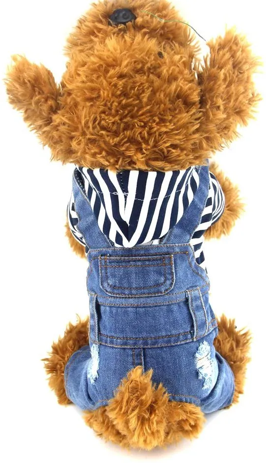 DoggyZSTYLE Ropa de perro gato azul rayado pantalones vaqueros de una sola pieza chaqueta trajes ropa con capucha Abrigos con capucha para cachorros pequeños y medianos