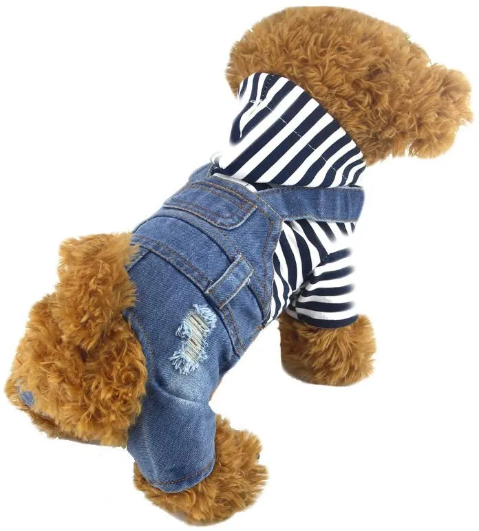 DoggyZSTYLE Ropa de perro gato azul rayado pantalones vaqueros de una sola pieza chaqueta trajes ropa con capucha Abrigos con capucha para cachorros pequeños y medianos
