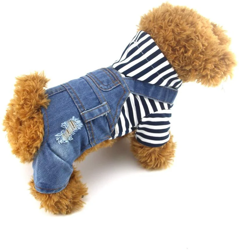 DoggyZSTYLE Ropa de perro gato azul rayado pantalones vaqueros de una sola pieza chaqueta trajes ropa con capucha Abrigos con capucha para cachorros pequeños y medianos