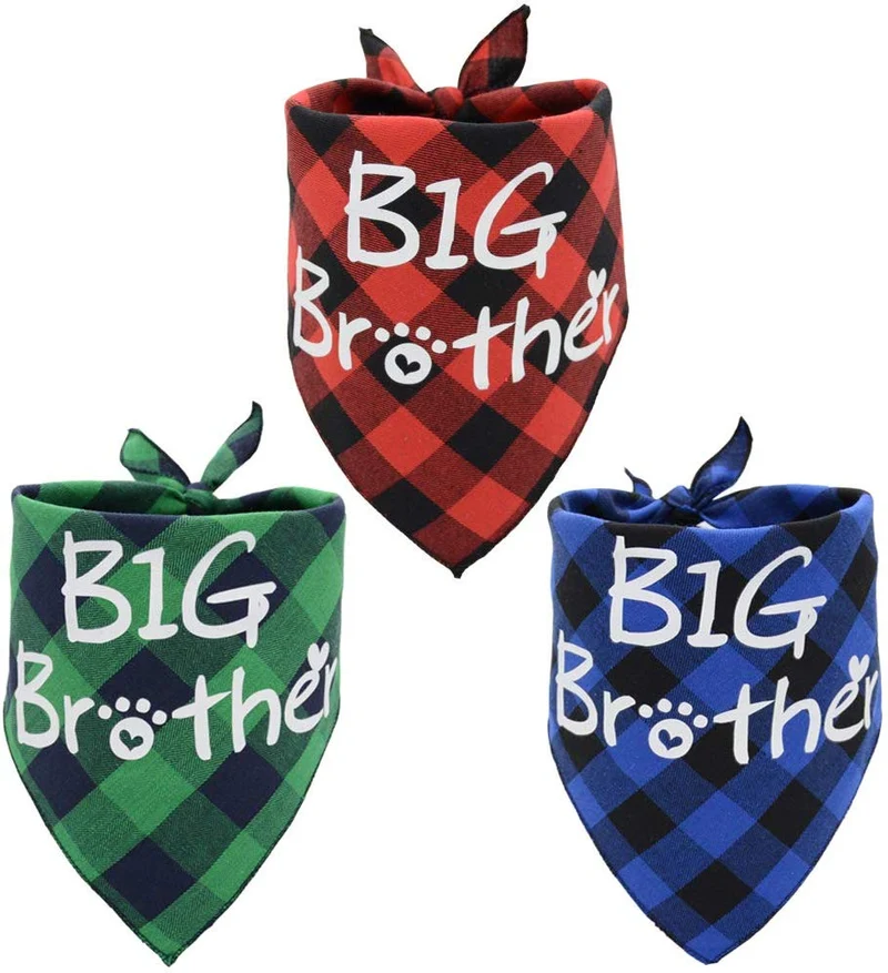 Busypaws 3 PCS Big Brother Dog Bandanas Plaid Reversible Triangle Bibs Pet Scarf Accessories
