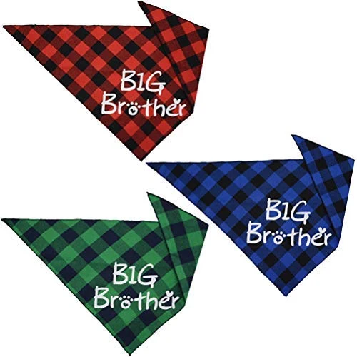 Busypaws 3 PCS Big Brother Dog Bandanas Plaid Reversible Triangle Bibs Pet Scarf Accessories
