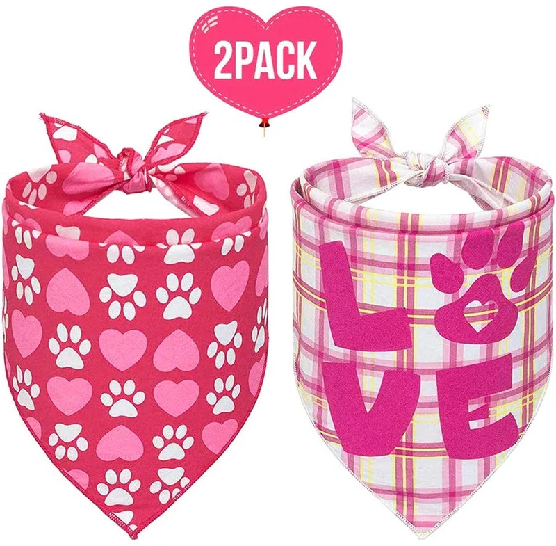 SCENEREAL Dog Bandanas Valentine's Day 2 Pack - Cute Triangle Scarf Pet Holiday Costume, Red Heart and Pink Plaid with Love Design for Dogs