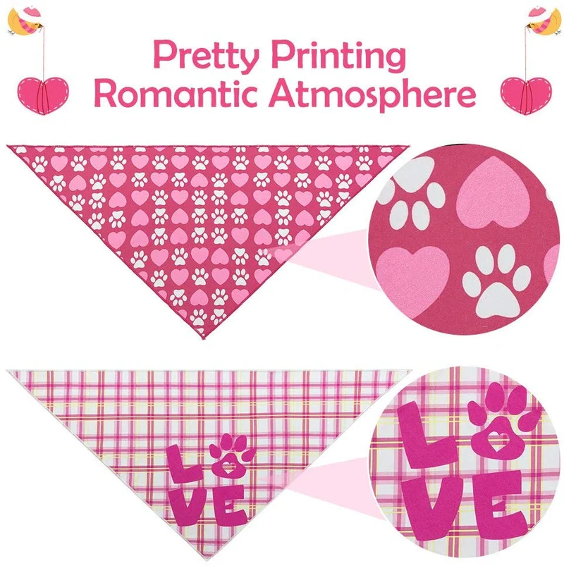 SCENEREAL Dog Bandanas Valentine's Day 2 Pack - Cute Triangle Scarf Pet Holiday Costume, Red Heart and Pink Plaid with Love Design for Dogs