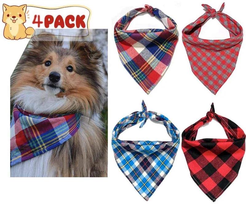 Bandana para perro, 4 unidades, lavable, reversible, a cuadros, para perros y gatos