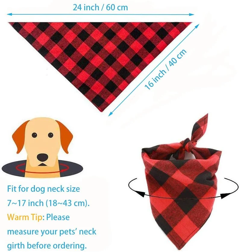 Bandana para perro, 4 unidades, lavable, reversible, a cuadros, para perros y gatos