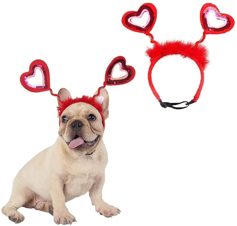 CheeseandU - Diadema para perro, gato, con lentejuelas, diseño de corazones, color rojo