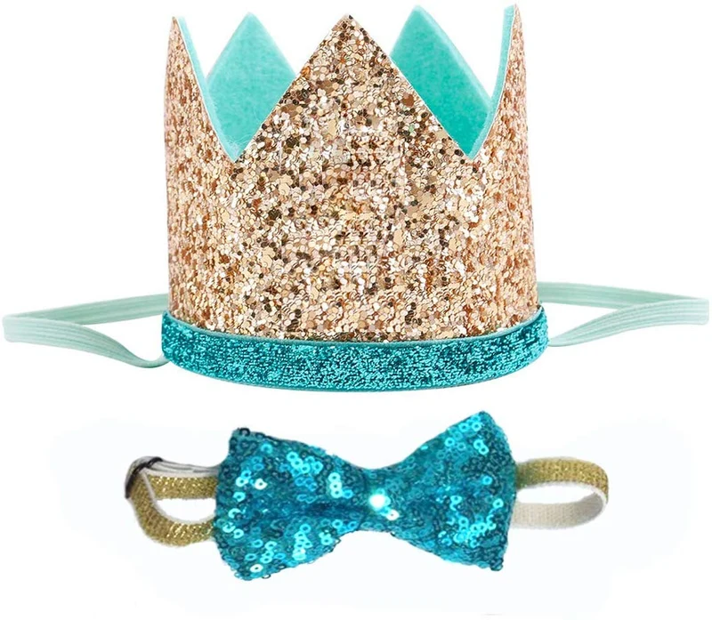 Perktail Cute Pet Birthday Crown Hat and Bow tie Collar Set for Dog Cat Birthday Party Supplies