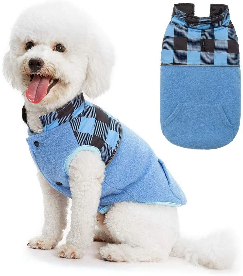 Chaleco polar para perro de SCIROKKO, chaleco de invierno con lado impermeable – Ropa reversible para mascotas para clima frío – chamarra a cuadros para cachorros y gatos