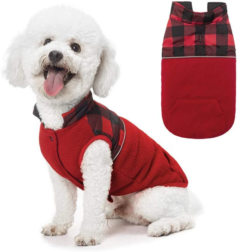 Chaleco polar para perro de SCIROKKO, chaleco de invierno con lado impermeable – Ropa reversible para mascotas para clima frío – chamarra a cuadros para cachorros y gatos
