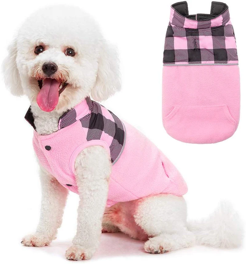 Chaleco polar para perro de SCIROKKO, chaleco de invierno con lado impermeable – Ropa reversible para mascotas para clima frío – chamarra a cuadros para cachorros y gatos