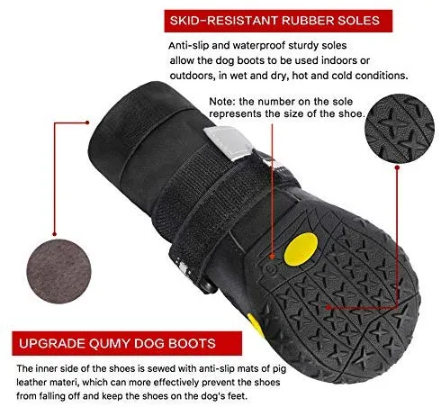 QUMY - Botas impermeables para perros grandes, con velcro reflectante, suela antideslizante, color negro, 4 unidades