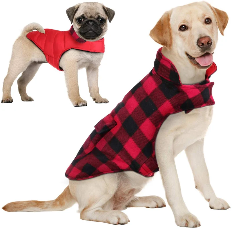 Aofitee - Abrigo reversible para perro, impermeable, estilo británico, a cuadros, para invierno, chaleco con forro de algodón cálido, resistente al viento, para perros pequeños, medianos y grandes
