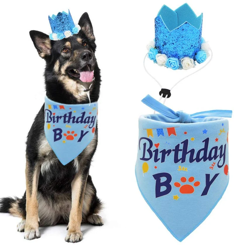 Bandana de cumpleaños para perro, pañuelo y corona, sombrero de cumpleaños, diseño de flores para perros de tamaño mediano a grande