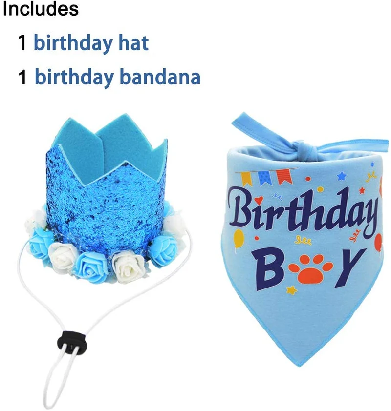 Bandana de cumpleaños para perro, pañuelo y corona, sombrero de cumpleaños, diseño de flores para perros de tamaño mediano a grande