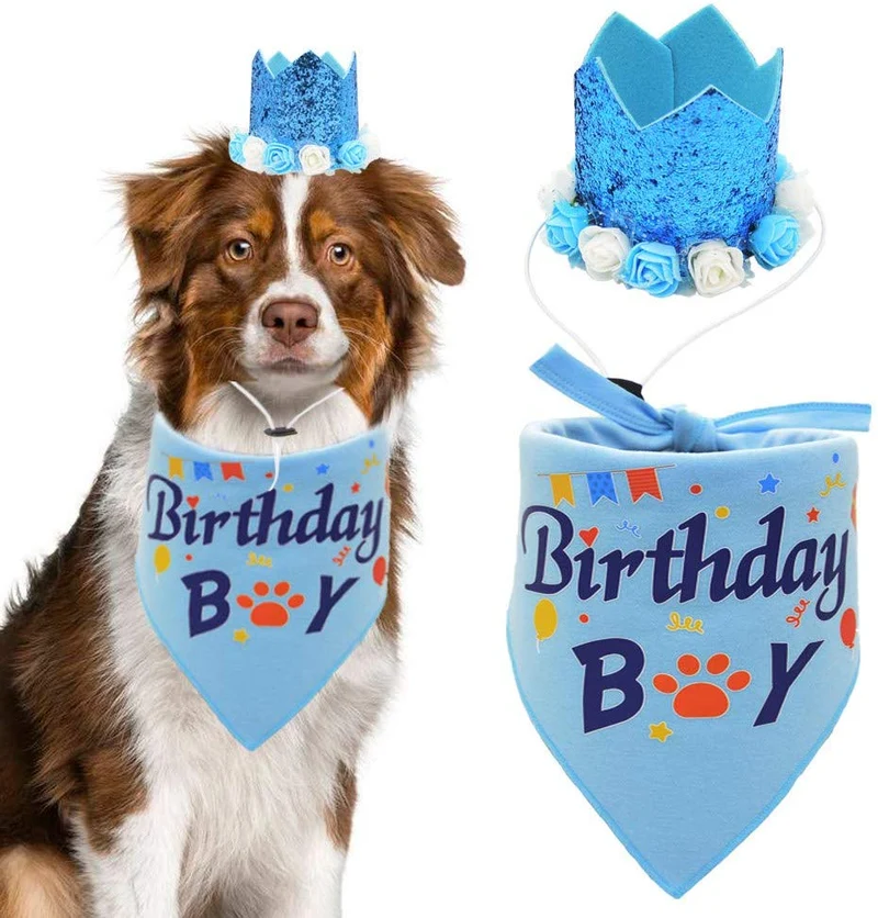 Bandana de cumpleaños para perro, pañuelo y corona, sombrero de cumpleaños, diseño de flores para perros de tamaño mediano a grande