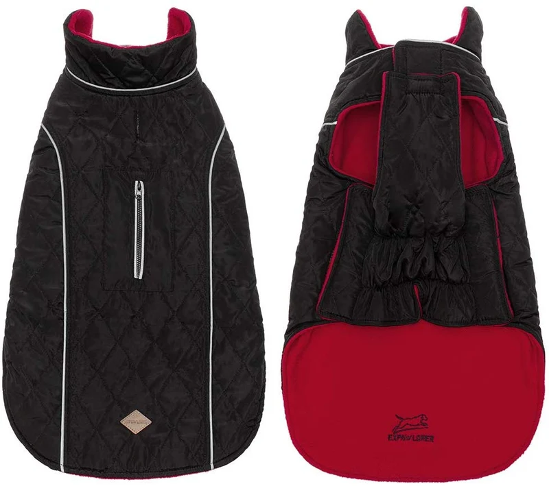 EXPAWLORER - Abrigo de invierno para perro, cálido, cómodo, impermeable, ligero, reversible, clásico, de cuello largo, chaleco de forro polar para el clima frío, para senderismo, al aire libre, rojo y negro