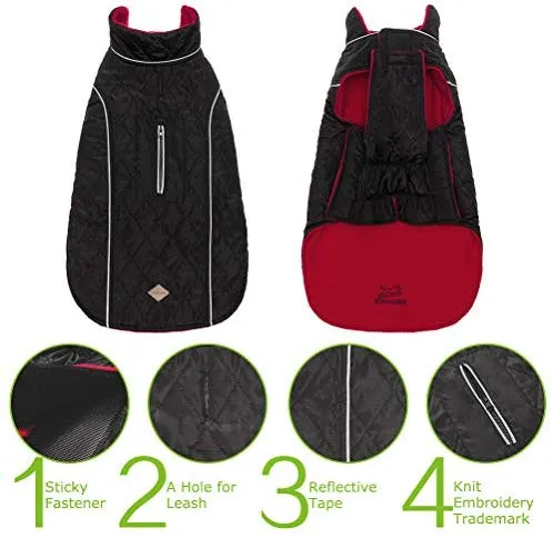 EXPAWLORER - Abrigo de invierno para perro, cálido, cómodo, impermeable, ligero, reversible, clásico, de cuello largo, chaleco de forro polar para el clima frío, para senderismo, al aire libre, rojo y negro