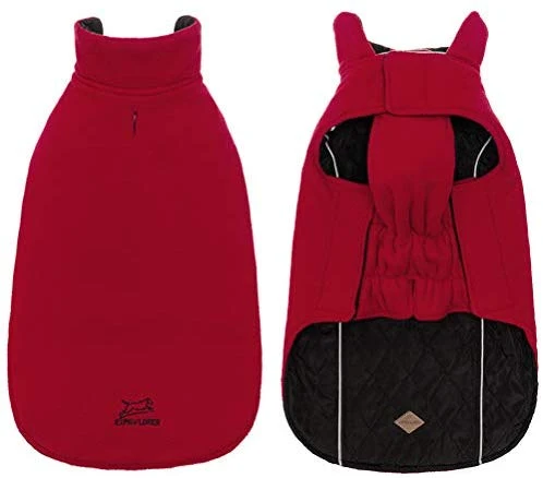EXPAWLORER - Abrigo de invierno para perro, cálido, cómodo, impermeable, ligero, reversible, clásico, de cuello largo, chaleco de forro polar para el clima frío, para senderismo, al aire libre, rojo y negro