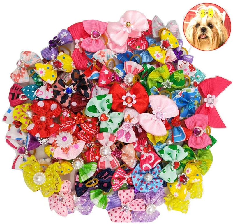 POPETPOP 50 lazos para perro con bandas de goma, para mascotas, gatos, perros, lazos para el pelo, cuentas de diamantes de imitación, flores, topknot cachorros (color mixto)