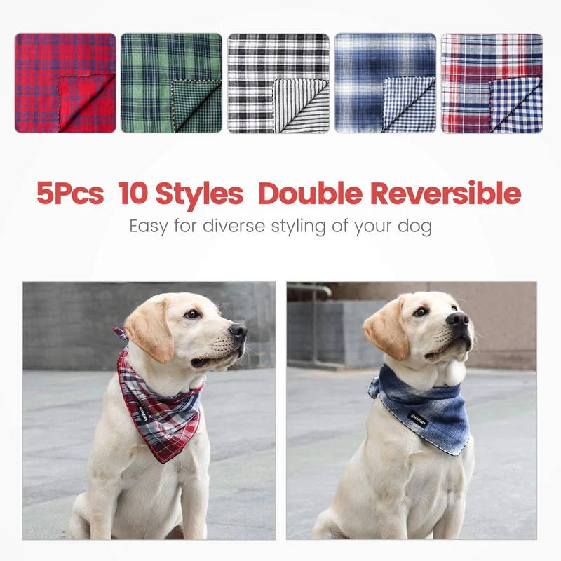 IOKHEIRA - Bandana de búfalo para perro, 5 unidades, doble reversible, para cachorro, tamaño grande, tamaño mediano, bandanas, bufandas de impresión a cuadros, accesorios para perros