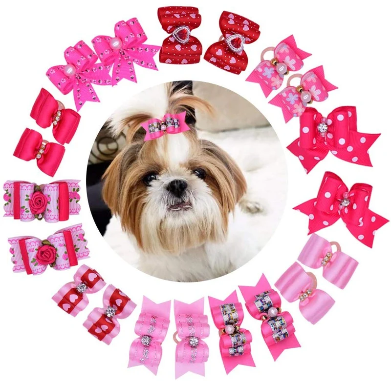 yagopet 20pcs/pack Nueva Mascota Pelo Arcos para las niñas Perros Rosa Rose Rojo Colores Rhinestone flor perlas Attached alta calidad Gorgeous perro Grooming Productos