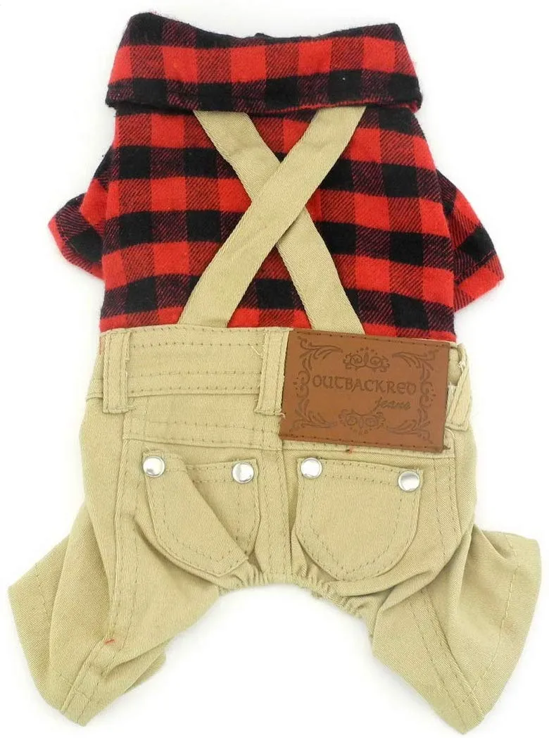 SMALLLEE_LUCKY_STORE Pet Clothes for Small Dog Cat Red Plaid Shirts Sweater with Khaki Overalls Pants Jumpsuit