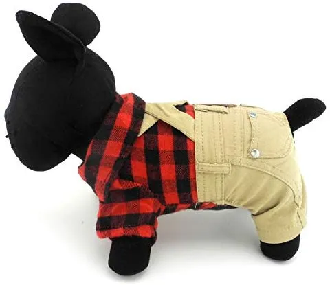 SMALLLEE_LUCKY_STORE Pet Clothes for Small Dog Cat Red Plaid Shirts Sweater with Khaki Overalls Pants Jumpsuit