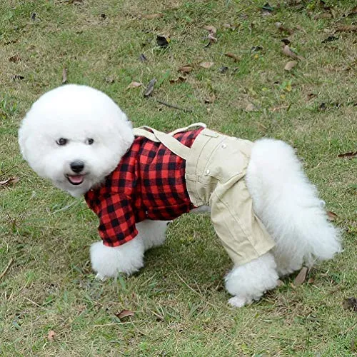 SMALLLEE_LUCKY_STORE Pet Clothes for Small Dog Cat Red Plaid Shirts Sweater with Khaki Overalls Pants Jumpsuit