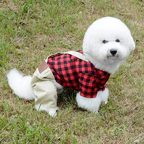 SMALLLEE_LUCKY_STORE Pet Clothes for Small Dog Cat Red Plaid Shirts Sweater with Khaki Overalls Pants Jumpsuit