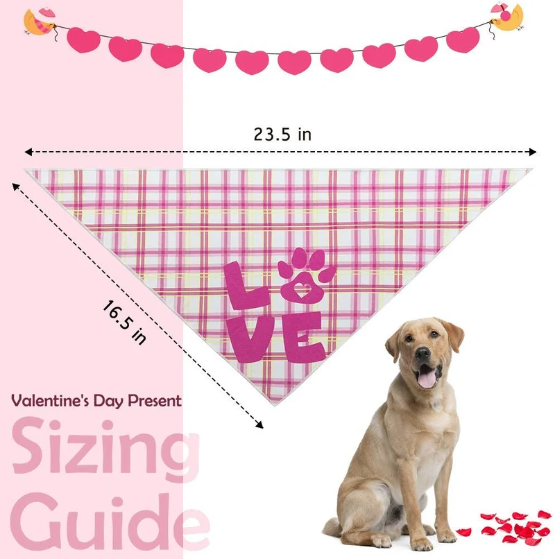 SCENEREAL Dog Bandanas Valentine's Day 2 Pack - Cute Triangle Scarf Pet Holiday Costume, Red Heart and Pink Plaid with Love Design for Dogs