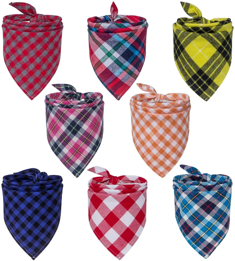 Paquete de 8 bandanas para perro y bufanda para perro, pañuelo triangular para mascotas, lavable, reversible, estampado a cuadros, pañuelo para mascotas y perros