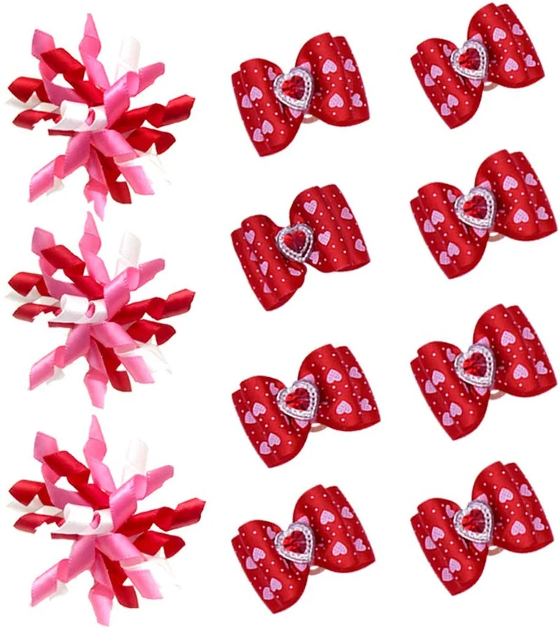 MaSue Pets - 20 lazos para el pelo de perro, 10 pares, para día de las valanetinas, lazos curvos románticos para perros, color rosa y rojo, lazos para perros con diamantes y amor