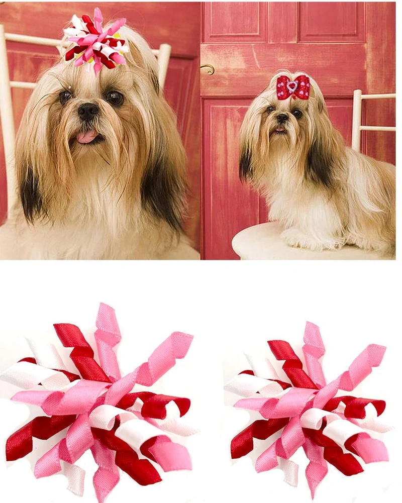 MaSue Pets - 20 lazos para el pelo de perro, 10 pares, para día de las valanetinas, lazos curvos románticos para perros, color rosa y rojo, lazos para perros con diamantes y amor