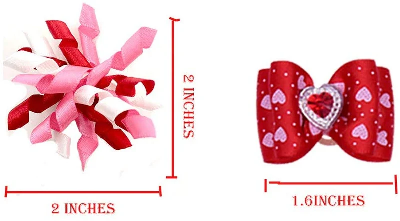 MaSue Pets - 20 lazos para el pelo de perro, 10 pares, para día de las valanetinas, lazos curvos románticos para perros, color rosa y rojo, lazos para perros con diamantes y amor