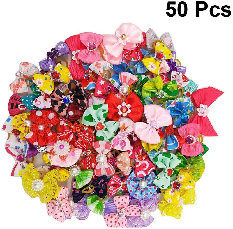 POPETPOP 50 lazos para perro con bandas de goma, para mascotas, gatos, perros, lazos para el pelo, cuentas de diamantes de imitación, flores, topknot cachorros (color mixto)