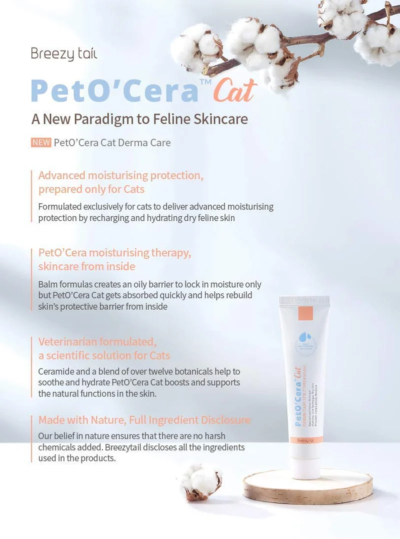 Breezytail PetO'Cera Cat - Derma Care Cream Gatos - Snout & Foot Pad Crema hidratante seco, piel sensible irrita de piel especializada Feline Skincare