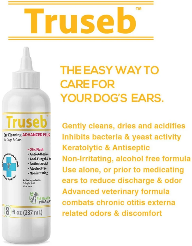 Truseb 's # 1 Vet Otic limpiador de orejas avanzado, además de perro y gato ótico, enjuague ótico, ácido salicílico y aloe vera, limpieza de orejas para mascotas en perros y gatos, limpiador de orejas para levaduras y ácaros de orejas de 8 oz U.S.A.