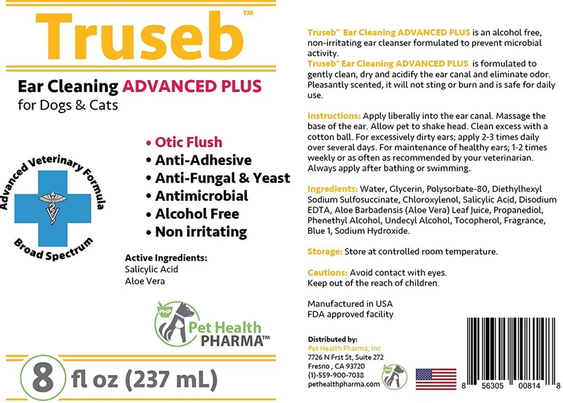 Truseb 's # 1 Vet Otic limpiador de orejas avanzado, además de perro y gato ótico, enjuague ótico, ácido salicílico y aloe vera, limpieza de orejas para mascotas en perros y gatos, limpiador de orejas para levaduras y ácaros de orejas de 8 oz U.S.A.