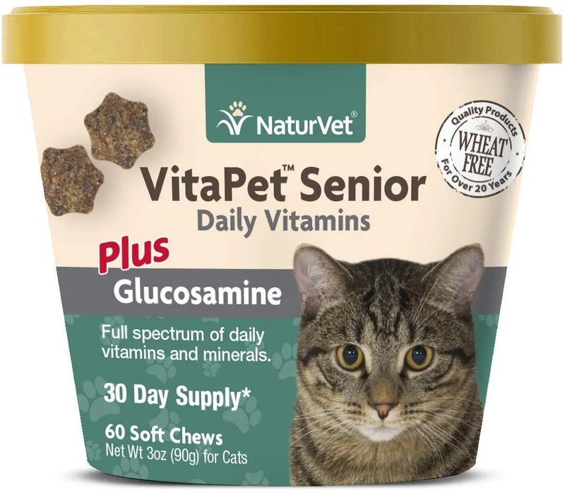 naturvet Vitapet Senior Vitaminas Diarias Plus Glucosamina para gatos, 60 CT masticables, fabricado en EE. UU.